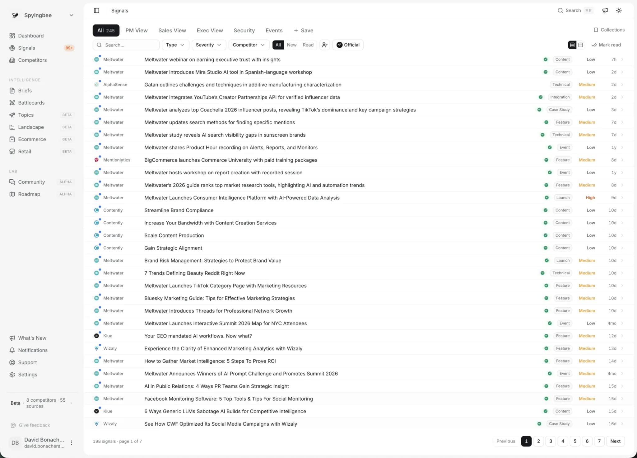 Spyingbee dashboard — live signal feed